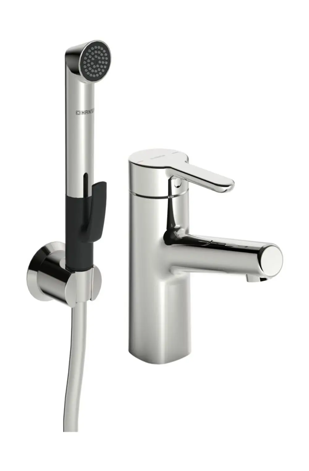 Chromfarbener Einhebelmischer mit Brause und Halterung, designed von HANSA. Die Armatur hat einen modernen, klaren Look und eignet sich für den Einsatz am Waschtisch.
